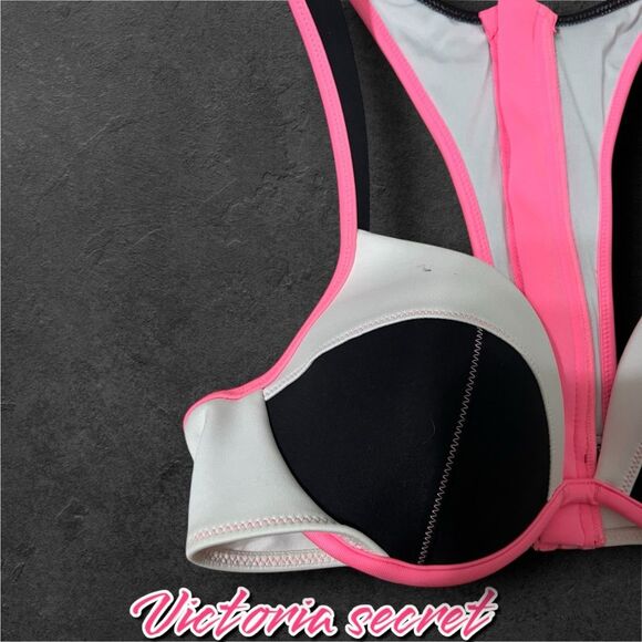 Preowned Victoria's Secret Pink Black White Bikini Top Halter Back w/ zipper 34B - Picture 2 of 6